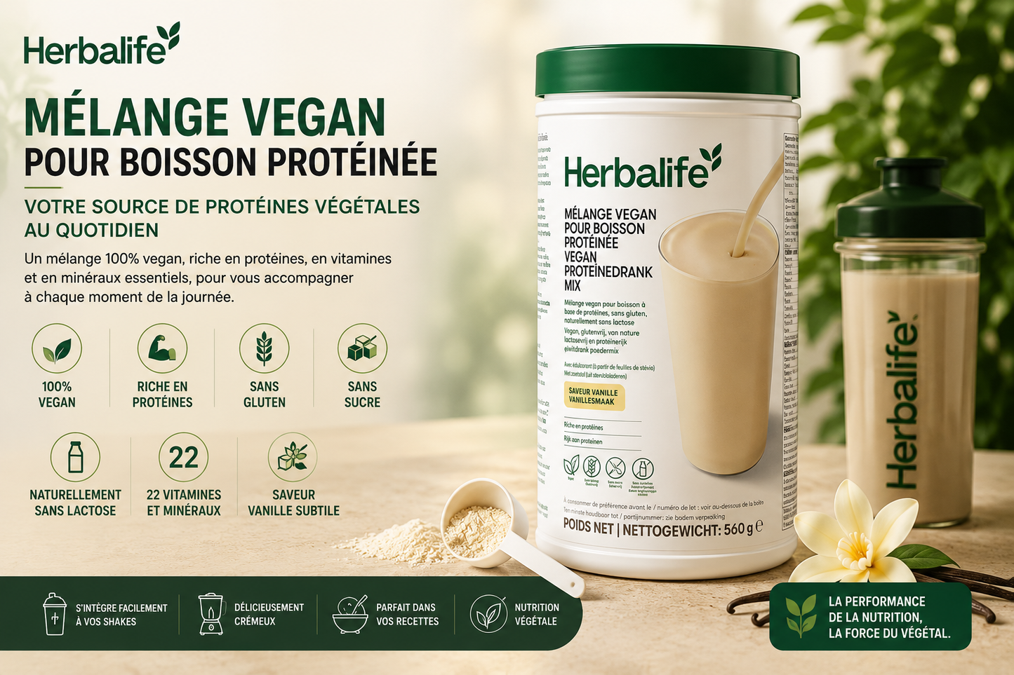 Mélange Vegan pour Boisson Protéinée Vanille 560g